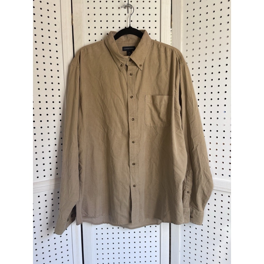 LANDS END Shirt Mens XL 17-17.5 Corduroy Work Button Up Long Sleeve Cotton Tan